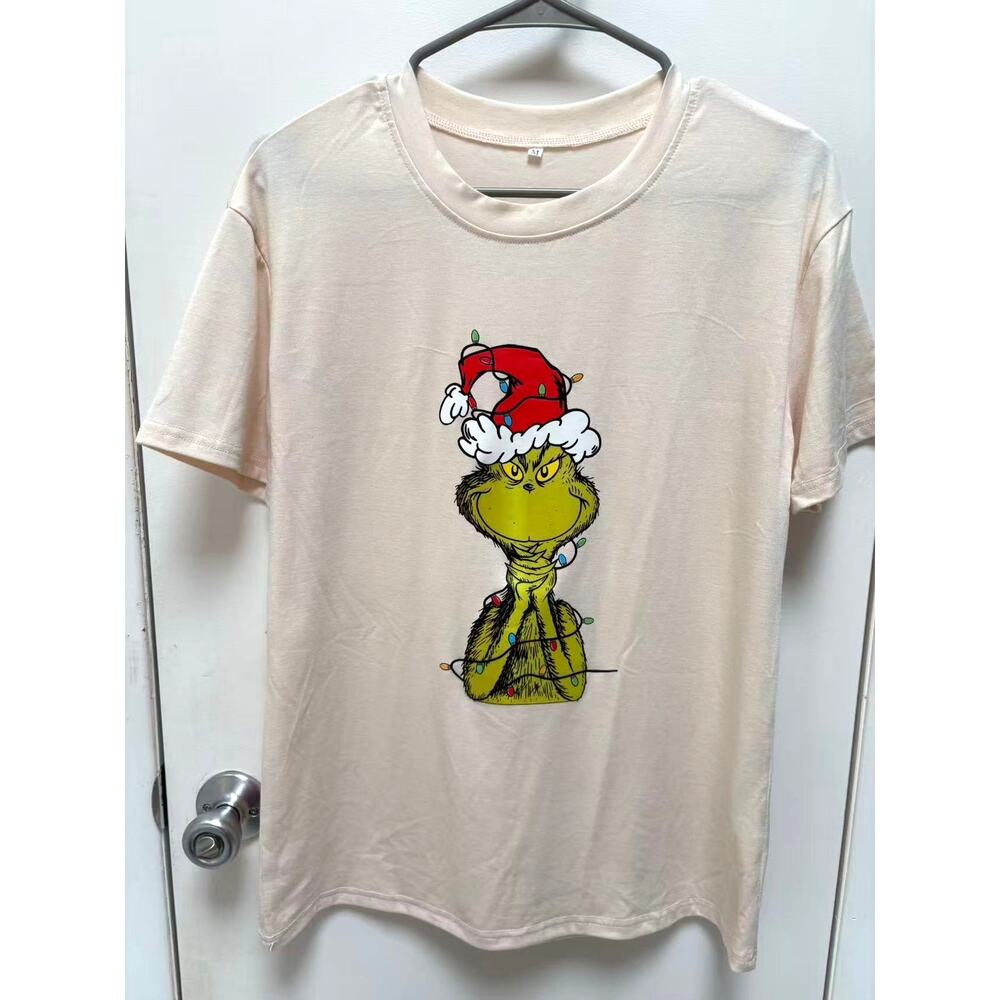 The Grinch Christmas Graphic T-Shirt Mens Womens M Cream Santa Hat Lights Tee